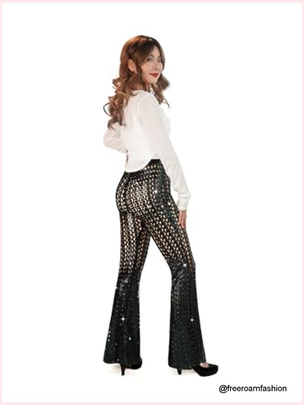 Sequin Flare Pants High Waisted Bell Bottom Sparkly Glitter Party Trousers - Picture 2 of 5
